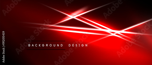 Red abstract background features bright light streaks. Dynamic design evokes energy, motion, modern aesthetic. Simple text overlay present.