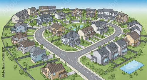 Suburban Neighborhood with Houses and Roads.