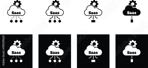SaaS cloud computing service icon set with gear network connection flat vector illustration isolated