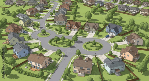 Suburban Neighborhood with Houses and Roads.