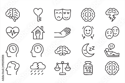 Mental health outline icon collection with therapy and mindfulness