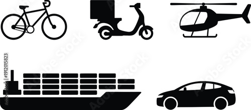 A minimalist graphic displays a black bicycle alongside a black delivery scooter with horizontal lines below high-quality professional detailed modern
