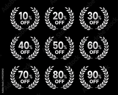 シルバーの月桂樹デザイン セール割引率アイコンラベルセット（10〜90%OFF）