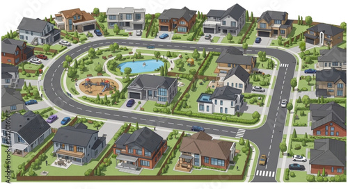 Suburban Neighborhood with Houses and Roads.