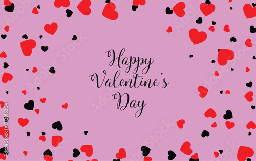 Happy Valentine’s Day Background with Red and Black Hearts on Pink Pastel Backdrop
