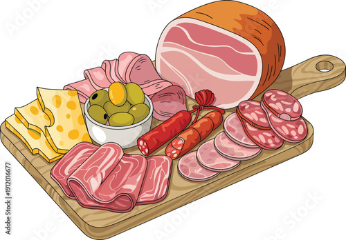 Charcuterie board with ham, salami, sausages, cheese and olives, gourmet deli appetizer platter, cartoon food illustration isolated