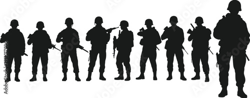 Silhouettes of soldiers in various poses with helmets and guns black white background