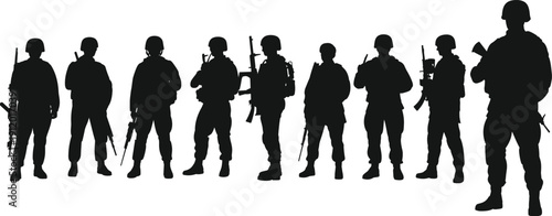 Silhouettes of soldiers in various poses with and helmets black white background