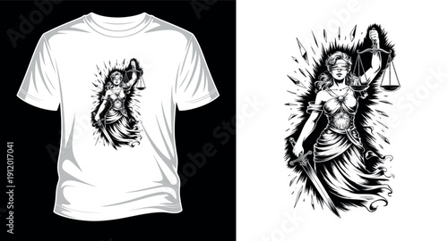 Justice lady blindfolded woman holding scales and sword for t-shirt design, goddess of justice