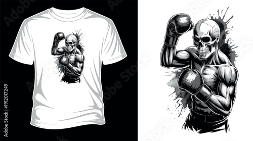 Skull boxer wearing boxing gloves, skeleton fighter punching pose for t-shirt, grunge sport concept