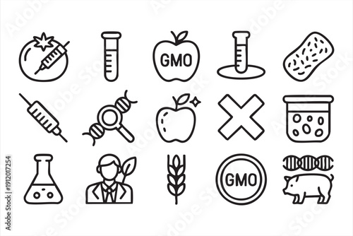 GMO outline icon collection with dna and modified food