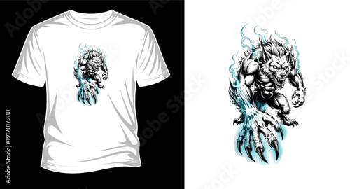 Angry werewolf monster with glowing claws, fantasy creature attacking for t-shirt design, wolfman