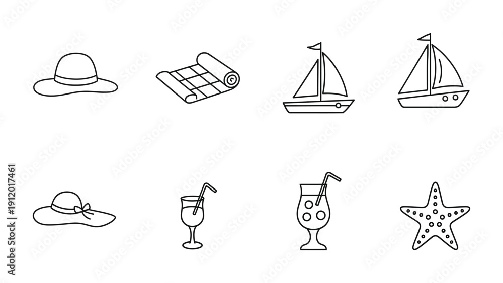 Fototapeta premium Summer essentials icons : A collection of summer icons, a line drawing style to evoke a sense of carefree summer. 