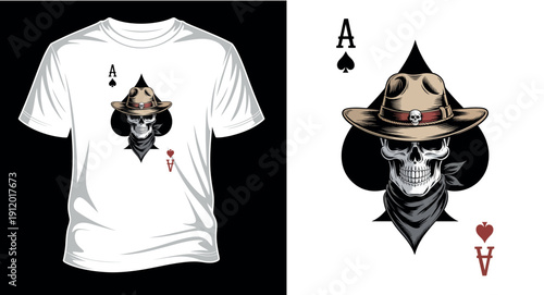 Cowboy skull ace of spades, gambling theme, hat and bandana on white t-shirt