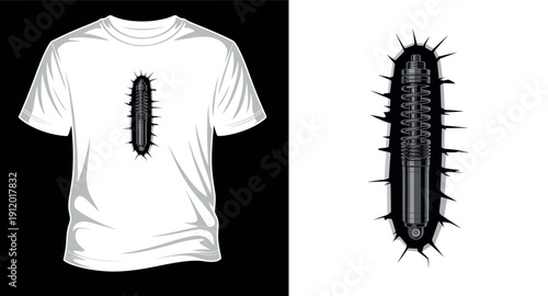 Shock absorber with spikes, mechanical object illustration on white t-shirt