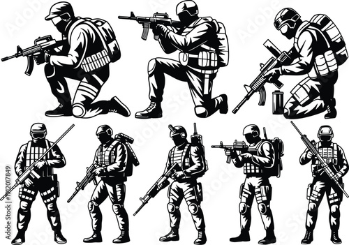 Soldiers in tactical gear holding guns in various poses black and white
