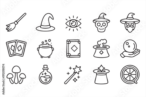 Magic outline icon collection with spells and potions