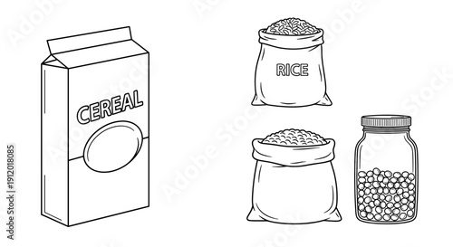 Line Art Set of Cereal Box and Rice Bags