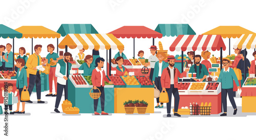 Busy Outdoor Street Food Market with People Shopping