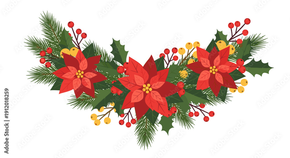 Naklejka premium Christmas Poinsettia and Pine Branch Garland
