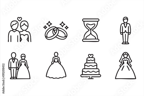 Wedding outline icon collection with bride and groom