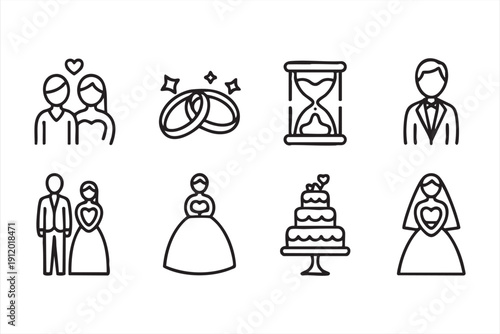 Rings and cake vector pictogram set for romance