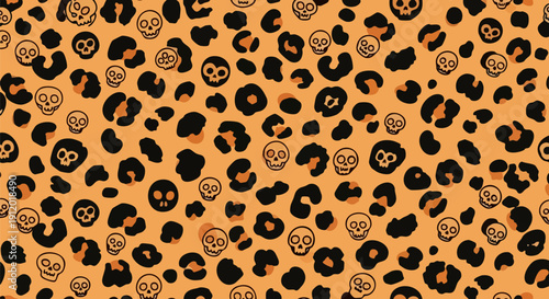 Vector leopard print pattern with black skull and crossbones motifs on a warm orange background, ideal for Halloween textile design or spooky branding.