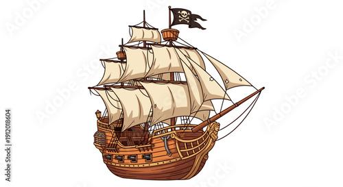 Vintage Wooden Galleon Sailing Ship on the Sea