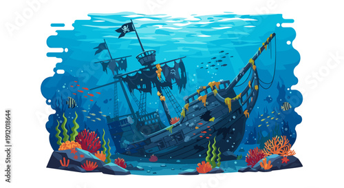Sunken Pirate Ship Wreck Underwater with Coral Reef