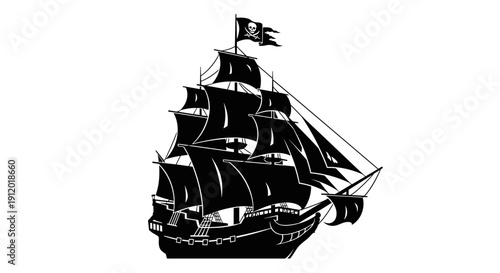 Black Silhouette of a Classic Sailing Ship