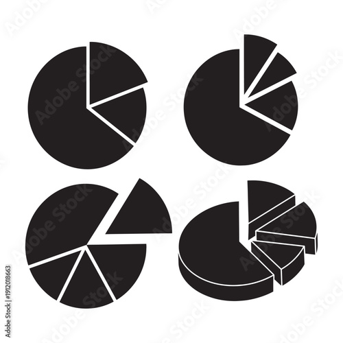 Pie Chart Silhouette Set – Equal Slices, Exploded, Unequal & 3D Variations