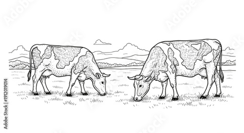 Two Cows Grazing in Rural Farm Landscape Sketch