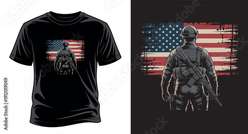 Soldier standing in front of american flag t shirt design, vector illustration