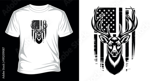 Deer head silhouette with american flag background vector design