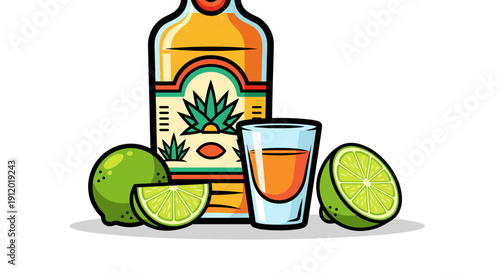 Tequila Bottle with Lime Slices and Shot Glass