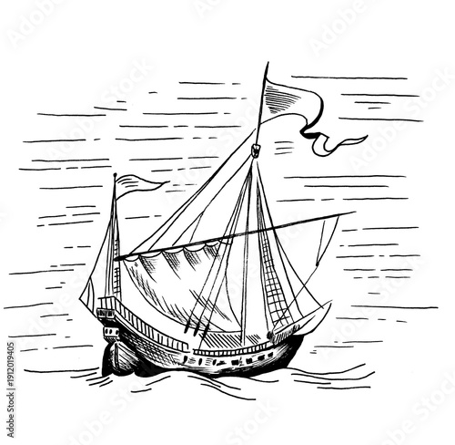 Valokuva Pen and ink illustration of a sailboat illustrated in a vintage line art style,
