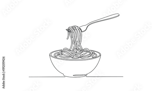 Continuous one line of a bowl of pasta with fork chow mein continuous one line drawing, Spaghetti - Single Cooking Icon - editable stroke