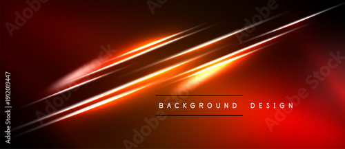 Abstract red background features dynamic light streaks. Modern design elements create vibrant visual impact. Simple text labels bottom center.
