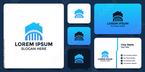 Real estate logo concept with a blue gradient house and arched bridge, symbolizing connection and investment opportunities in the property market