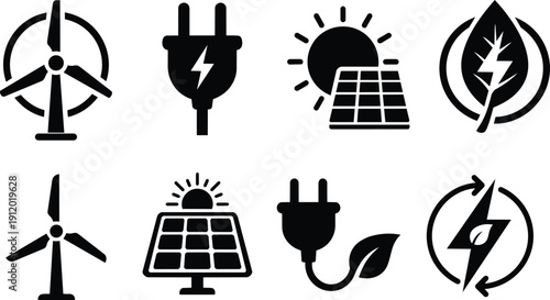 Green renewable energy vector icon set with wind turbines, solar panels, electric plug, lightning bolt and eco leaf symbols for clean power and sustainable technology projects