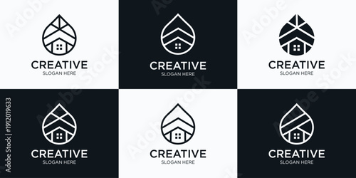 Modern minimalist logo designs integrating house and water drop symbols, ideal for real estate, property management, and sustainable home branding projects