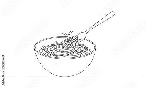 Continuous one line of a bowl of pasta with fork chow mein continuous one line drawing, Spaghetti - Single Cooking Icon - editable stroke