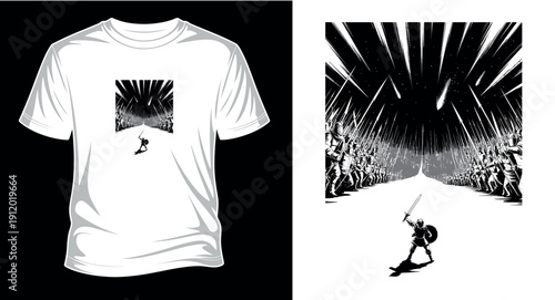 Single warrior facing army, epic battle scene concept illustration