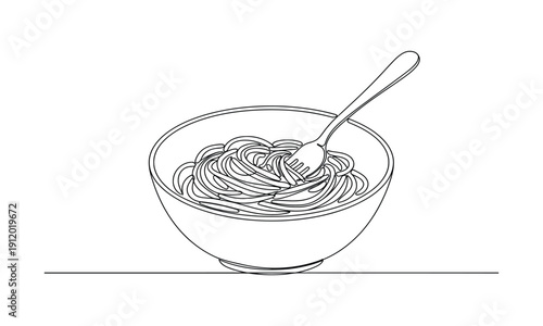 Continuous one line of a bowl of pasta with fork chow mein continuous one line drawing, Spaghetti - Single Cooking Icon - editable stroke