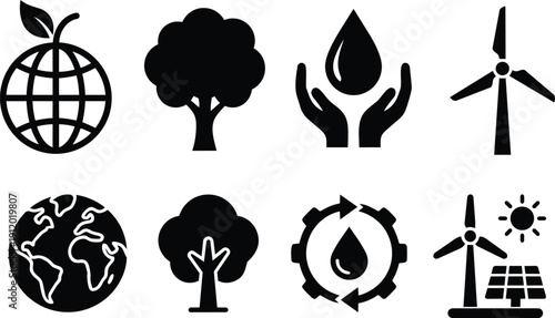 Global sustainability and renewable energy vector icon set with earth globe, eco tree, protecting hands, water drop, wind turbines and solar panel symbols for green technology design