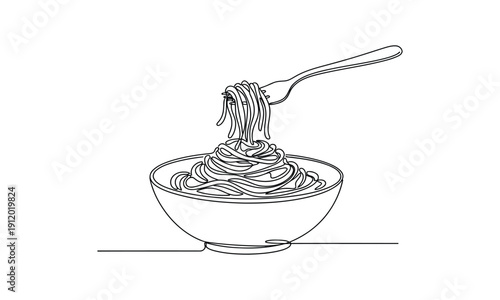 Continuous one line of a bowl of pasta with fork chow mein continuous one line drawing, Spaghetti - Single Cooking Icon - editable stroke