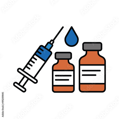 Syringe with two vaccine bottles and a drop of liquid medicine injection healthcare vector illustration isolated on white background.