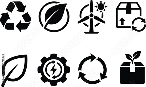 Renewable energy and recycling vector icon set featuring wind turbine, solar symbol, circular arrows, eco leaf and sustainable packaging icons for green technology design projects