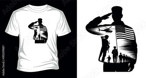 Silhouette of soldier saluting with American flag, helicopter and troops