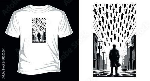 Man in trench coat in city street with falling bombs overhead